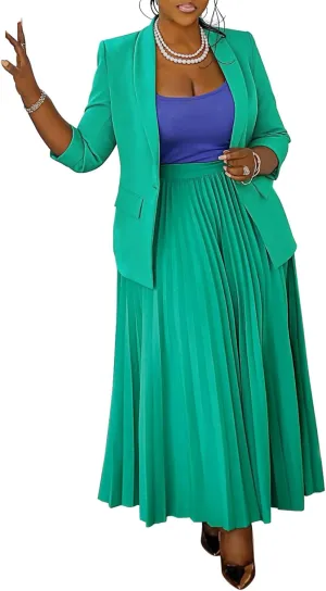 Women's Plus Size 2 Piece Outfits Casual Open Front Blazer and High Waist Pleated Maxi Skirt Sets Business Suits