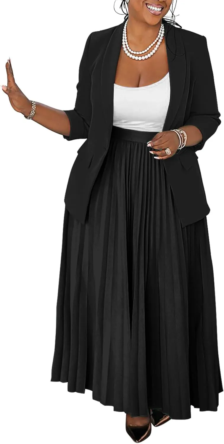 Women's Plus Size 2 Piece Outfits Casual Open Front Blazer and High Waist Pleated Maxi Skirt Sets Business Suits