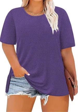 Women's Plus Size Crewneck Tops Half Sleeve Summer T-Shirt Loose Fit Blouse Casual Tunic with Side Split XL- 5XL