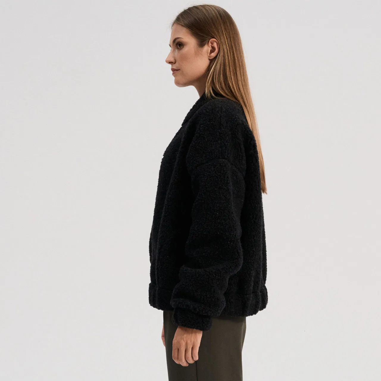 Women's Plush Bomber Jacket - 100% Wool - Black (XS-L)