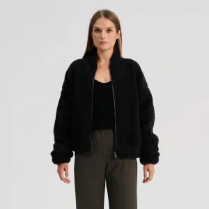 Women's Plush Bomber Jacket - 100% Wool - Black (XS-L)