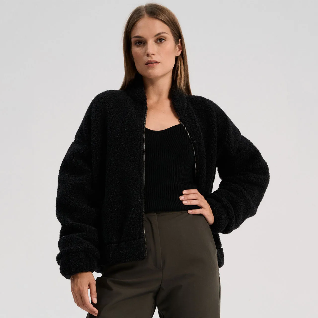 Women's Plush Bomber Jacket - 100% Wool - Black (XS-L)