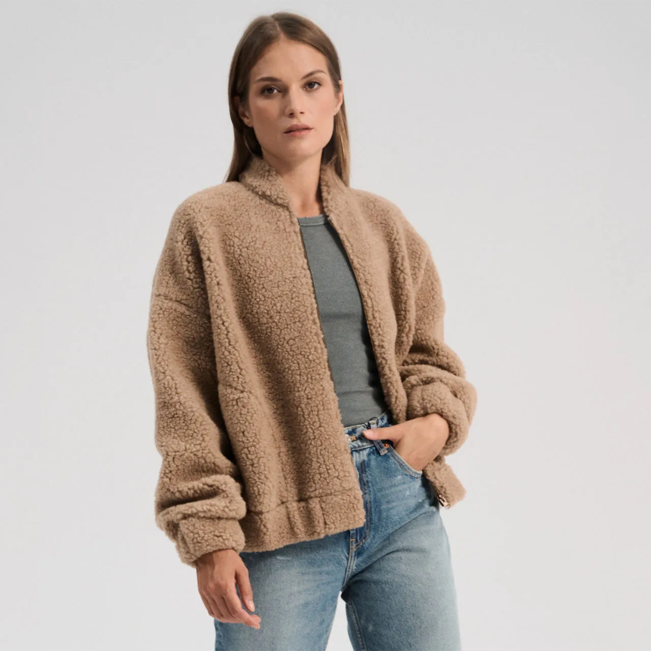 Women's Plush Bomber Jacket - 100% Wool - Tan (XS-L)