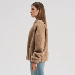 Women's Plush Bomber Jacket - 100% Wool - Tan (XS-L)