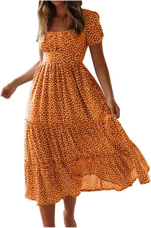 Womens Polka Dot Sundresses Spaghetti Strap Summer Dresses Slim Fit Side Slit Midi Dress Sexy A Line Beach Dress