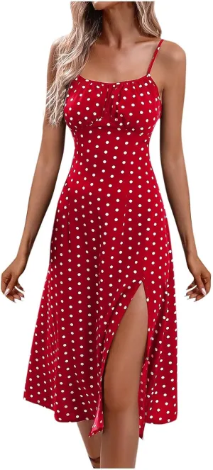 Womens Polka Dot Sundresses Spaghetti Strap Summer Dresses Slim Fit Side Slit Midi Dress Sexy A Line Beach Dress