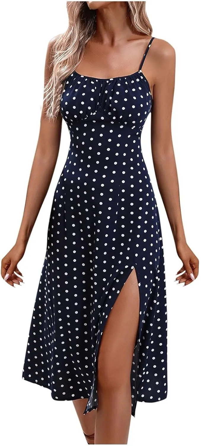 Womens Polka Dot Sundresses Spaghetti Strap Summer Dresses Slim Fit Side Slit Midi Dress Sexy A Line Beach Dress