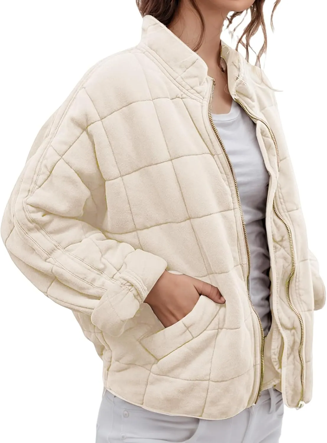 Womens Quilted Jacket Lightweight Dolman Long Sleeve Down Coat Casual Zip Up Puffer Jacket Warm Outwear with Pockets