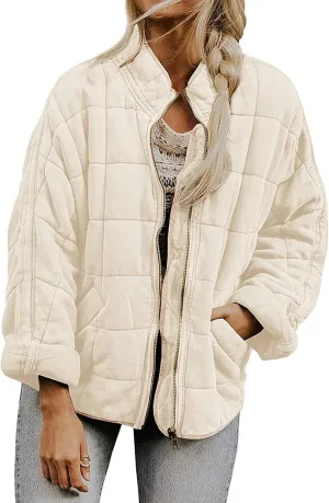 Womens Quilted Jacket Lightweight Dolman Long Sleeve Down Coat Casual Zip Up Puffer Jacket Warm Outwear with Pockets