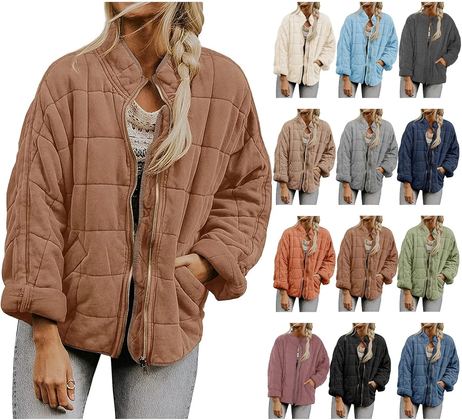 Womens Quilted Jacket Lightweight Dolman Long Sleeve Down Coat Casual Zip Up Puffer Jacket Warm Outwear with Pockets