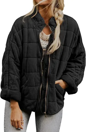 Womens Quilted Jacket Lightweight Dolman Long Sleeve Down Coat Casual Zip Up Puffer Jacket Warm Outwear with Pockets