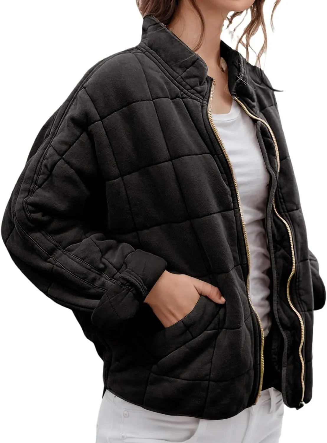 Womens Quilted Jacket Lightweight Dolman Long Sleeve Down Coat Casual Zip Up Puffer Jacket Warm Outwear with Pockets