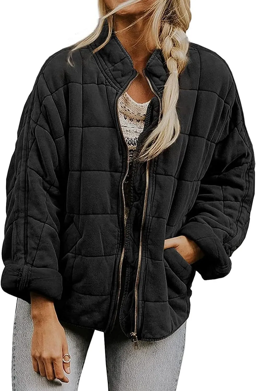Womens Quilted Jacket Lightweight Dolman Long Sleeve Down Coat Casual Zip Up Puffer Jacket Warm Outwear with Pockets