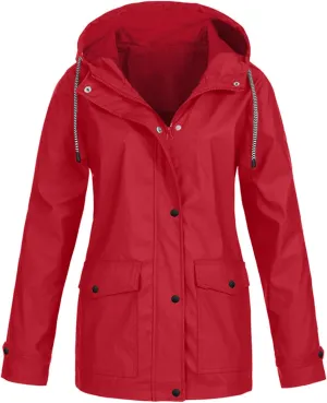 Womens Rain Coat Waterproof Lightweight Hooded Rain Jacket Outdoor Hiking Trench Windbreaker Raincoats With Pockets