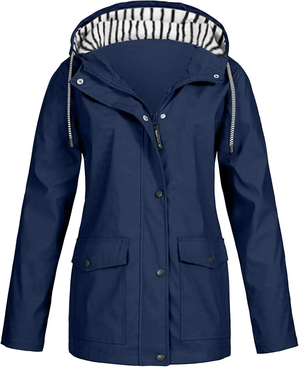 Womens Rain Jacket Waterproof Windproof Hooded Zip Up Raincoat Outdoor Hiking Fall Winter Trench Coat with Pockets