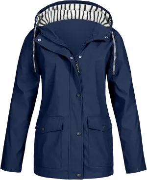 Womens Rain Jacket Waterproof Windproof Hooded Zip Up Raincoat Outdoor Hiking Fall Winter Trench Coat with Pockets