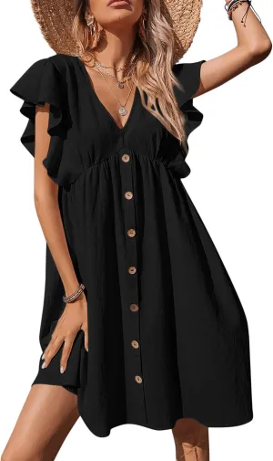 Women's Ruffle Babydoll Dress Long/Short Sleeve V Neck High Waist Botton Casual Loose Flowy Swing Pleated Tunic Dress