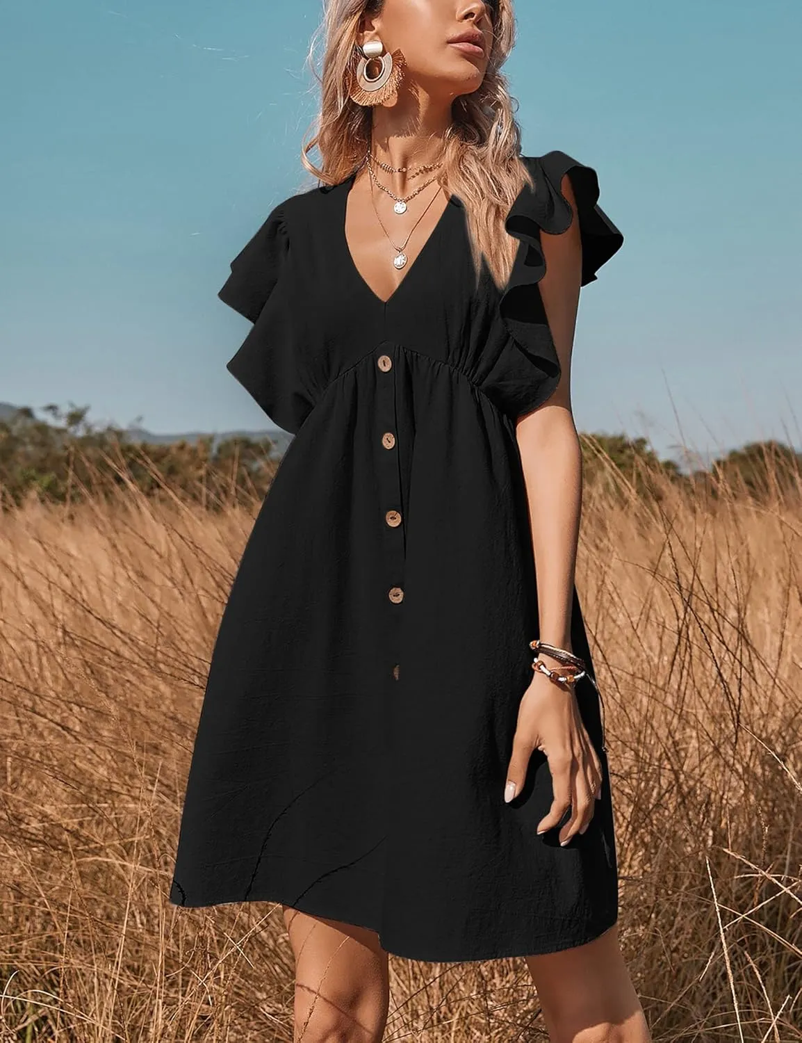 Women's Ruffle Babydoll Dress Long/Short Sleeve V Neck High Waist Botton Casual Loose Flowy Swing Pleated Tunic Dress