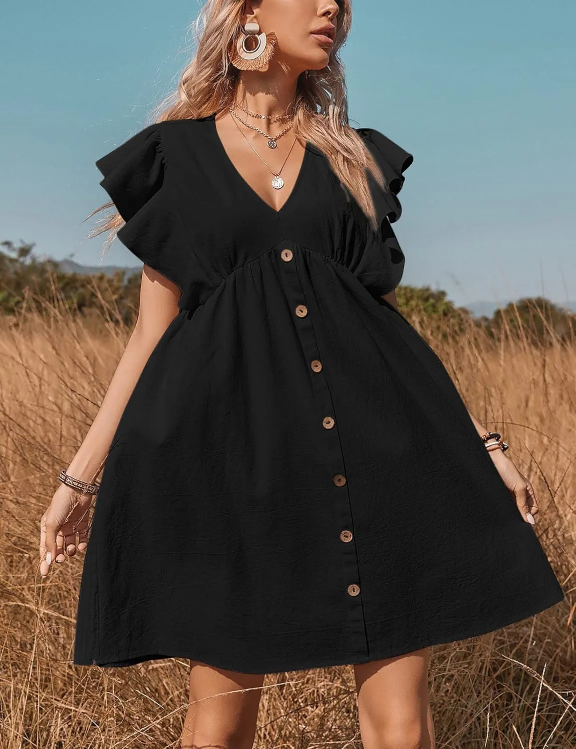 Women's Ruffle Babydoll Dress Long/Short Sleeve V Neck High Waist Botton Casual Loose Flowy Swing Pleated Tunic Dress