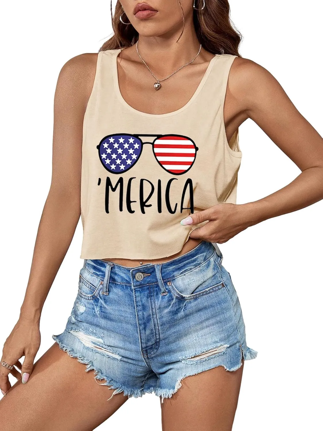 Women's Sexy American Flag Crop Tank 4th of July Patriotic Sleeveless Tee Tops