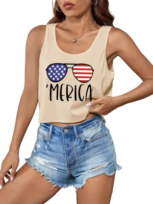 Women's Sexy American Flag Crop Tank 4th of July Patriotic Sleeveless Tee Tops