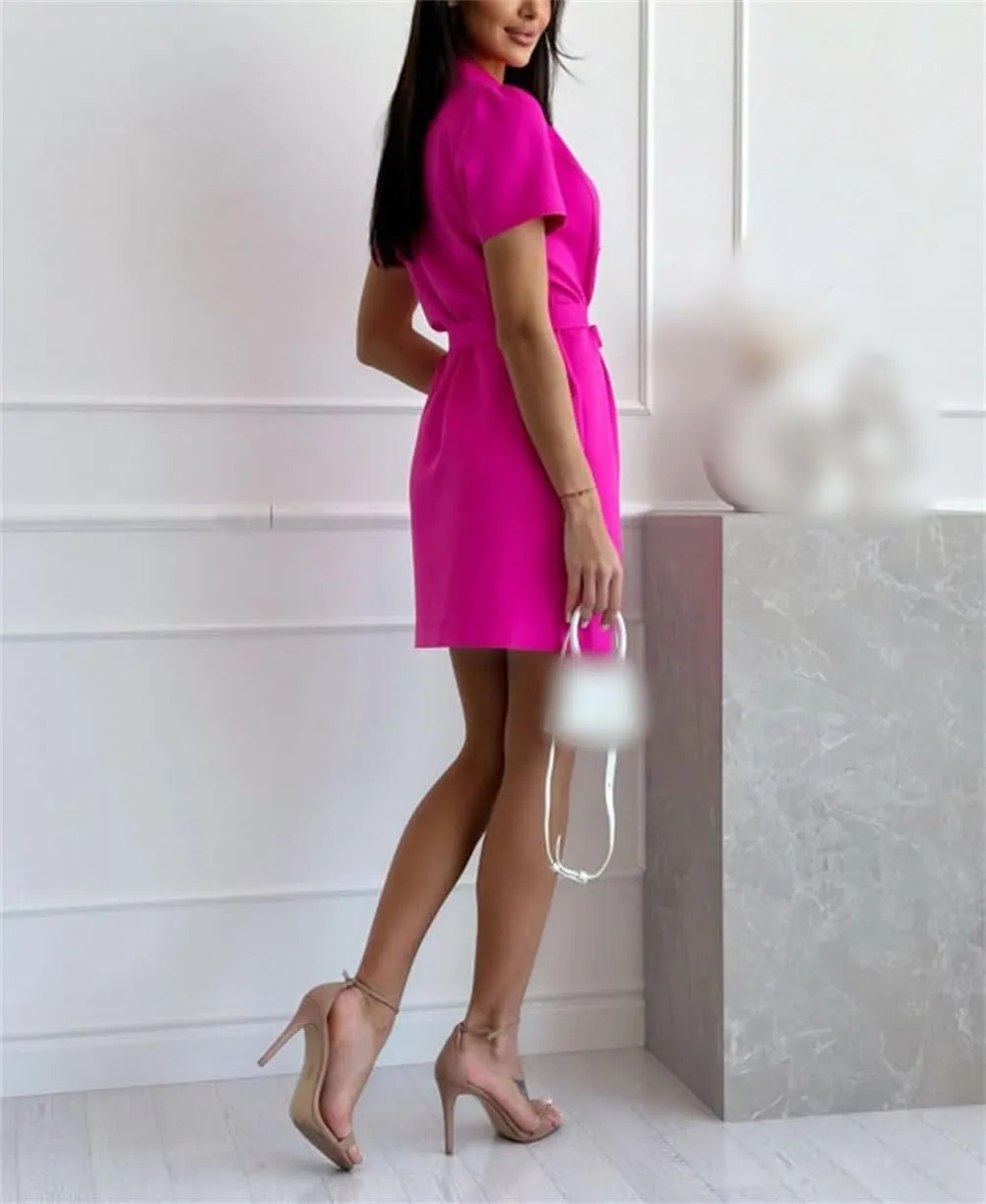 Women's Sexy Puff Sleeve Blazer Dress,V Neck Short Sleeve Notched Lapel Slit Double Breasted Belted Blazer Dress