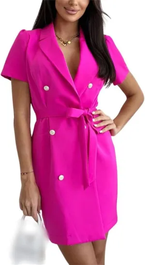 Women's Sexy Puff Sleeve Blazer Dress,V Neck Short Sleeve Notched Lapel Slit Double Breasted Belted Blazer Dress