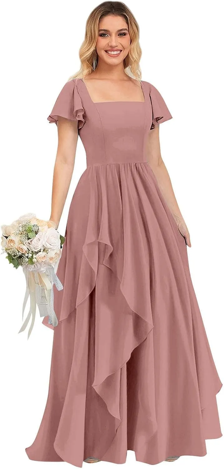 Women's Short Sleeve Bridesmaid Dresses with Ruffles Chiffon Long Formal Evening Gowns