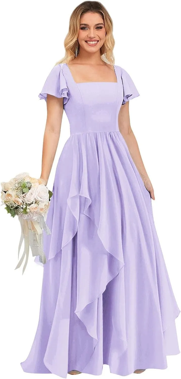 Women's Short Sleeve Bridesmaid Dresses with Ruffles Chiffon Long Formal Evening Gowns