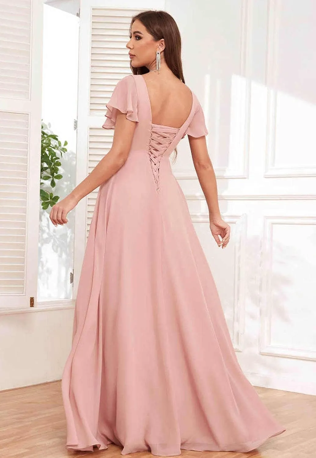 Women's Short Sleeve Bridesmaid Dresses with Ruffles Chiffon Long Formal Evening Gowns