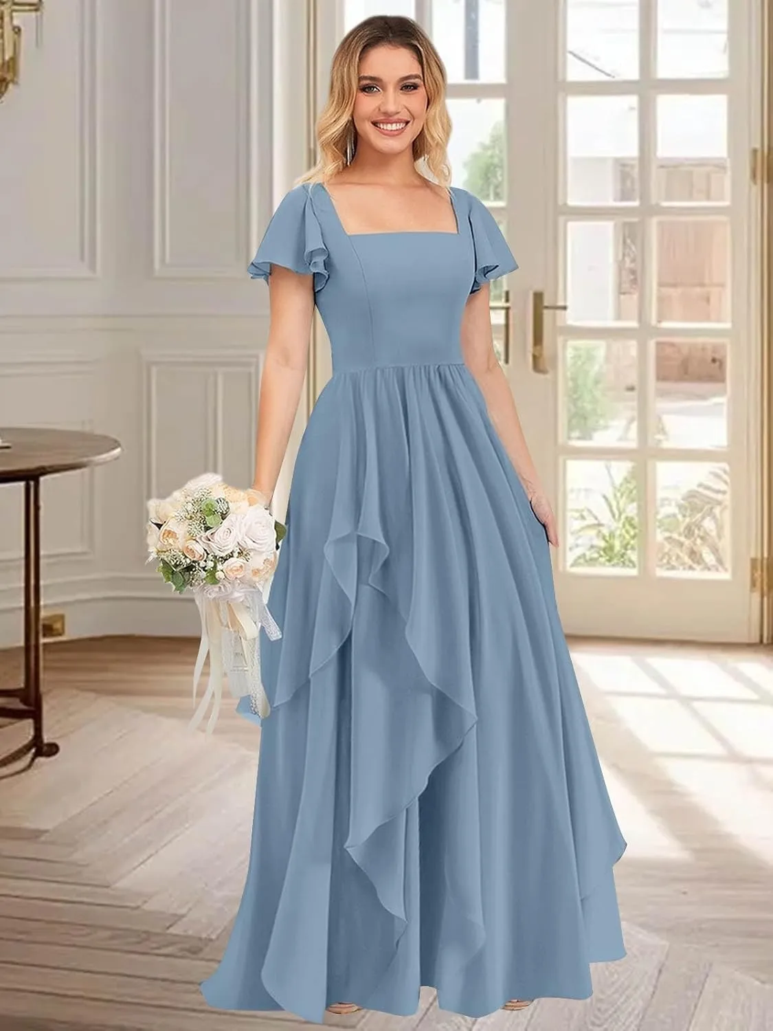 Women's Short Sleeve Bridesmaid Dresses with Ruffles Chiffon Long Formal Evening Gowns