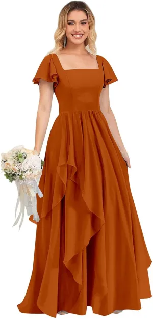 Women's Short Sleeve Bridesmaid Dresses with Ruffles Chiffon Long Formal Evening Gowns