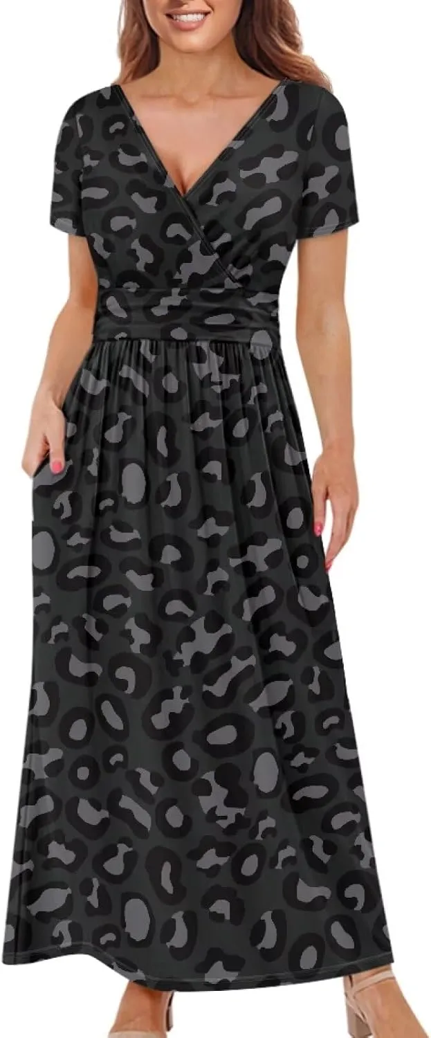 Women's Short Sleeve Maxi Dresse V-Neck Plus Size Casual Dresses with Pockets