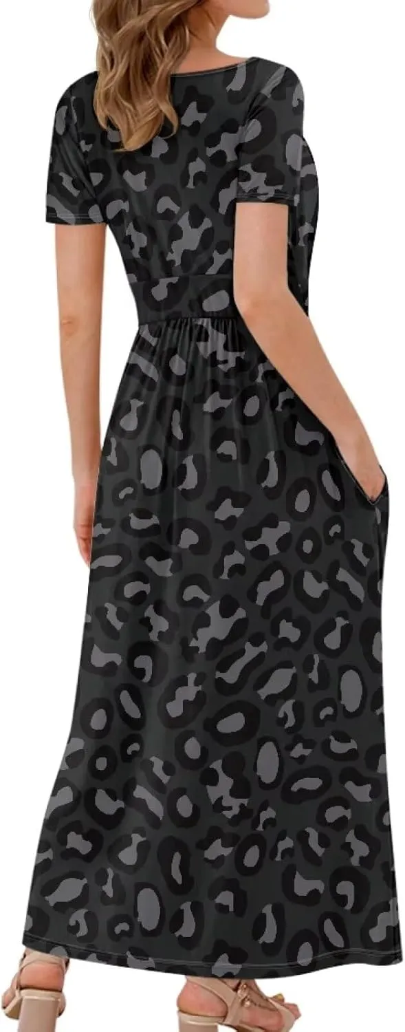 Women's Short Sleeve Maxi Dresse V-Neck Plus Size Casual Dresses with Pockets