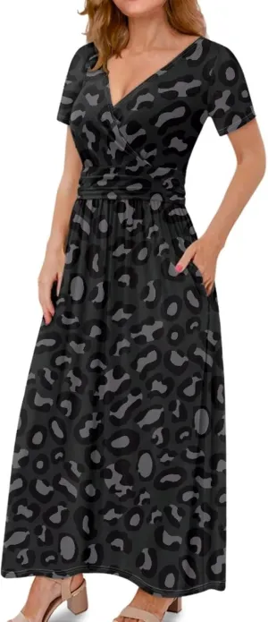 Women's Short Sleeve Maxi Dresse V-Neck Plus Size Casual Dresses with Pockets