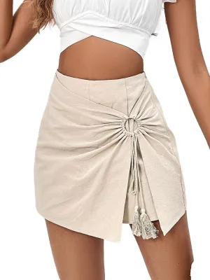 Womens Shorts Woven Fabric Casual Ring Tie Wrap Asymmetrical Hem Mini Skort Lounge Shorts