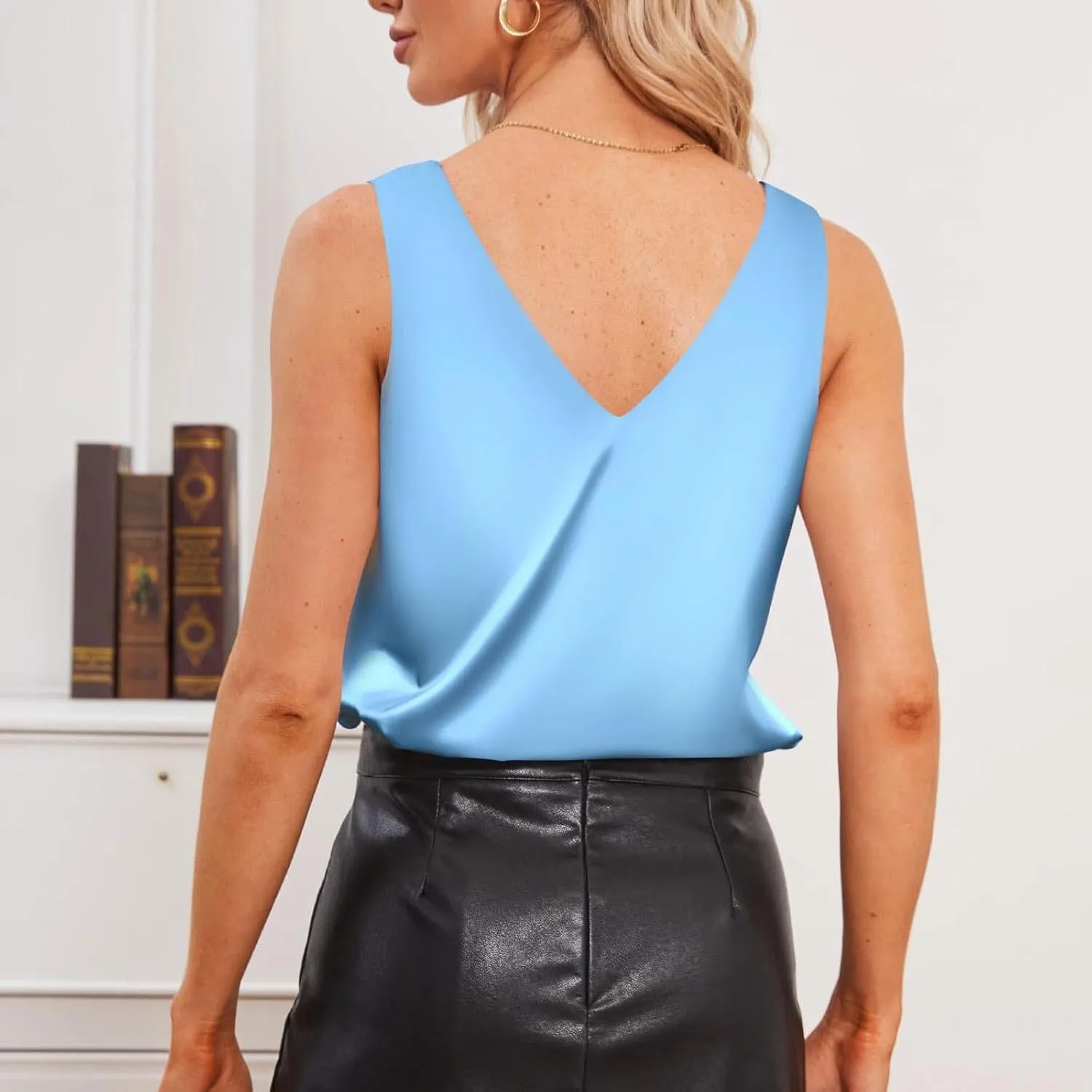 Womens Silk Satin Tank Tops V Neck Casual Solid Sexy Sleeveless Cami Camisole Blouses Summer Basic Work Shirt
