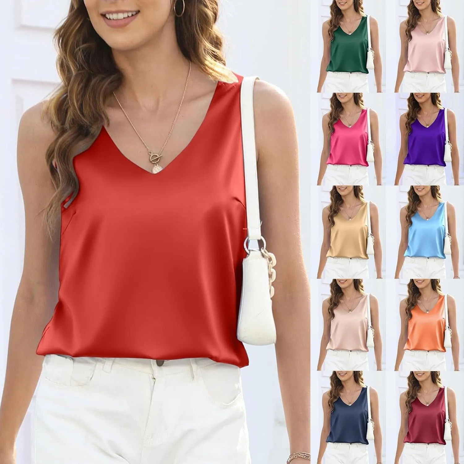 Womens Silk Satin Tank Tops V Neck Casual Solid Sexy Sleeveless Cami Camisole Blouses Summer Basic Work Shirt