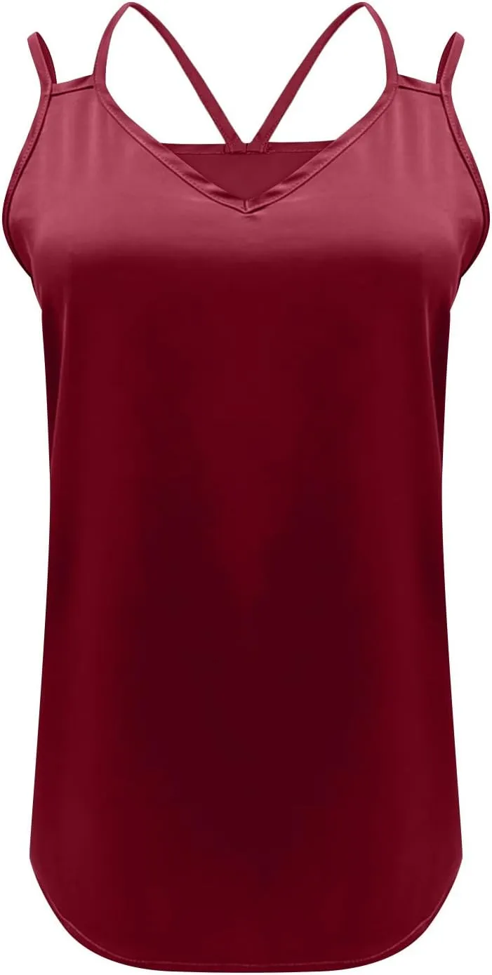 Womens Silk Tank Top Dressy Camisole Spaghetti Strap Soft Satin Blouses Basic V Neck Loose Fit Silky Work Tops S-XXL
