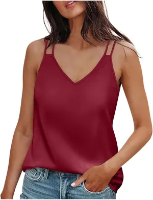 Womens Silk Tank Top Dressy Camisole Spaghetti Strap Soft Satin Blouses Basic V Neck Loose Fit Silky Work Tops S-XXL