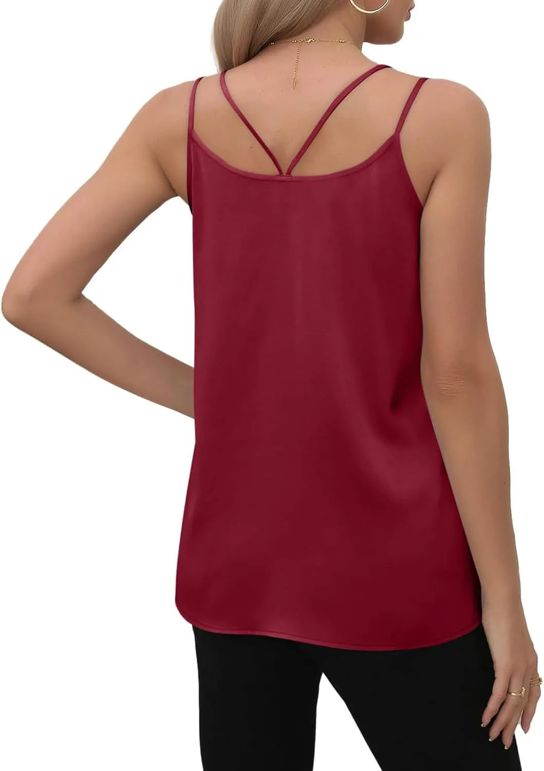 Womens Silk Tank Top Dressy Camisole Spaghetti Strap Soft Satin Blouses Basic V Neck Loose Fit Silky Work Tops S-XXL
