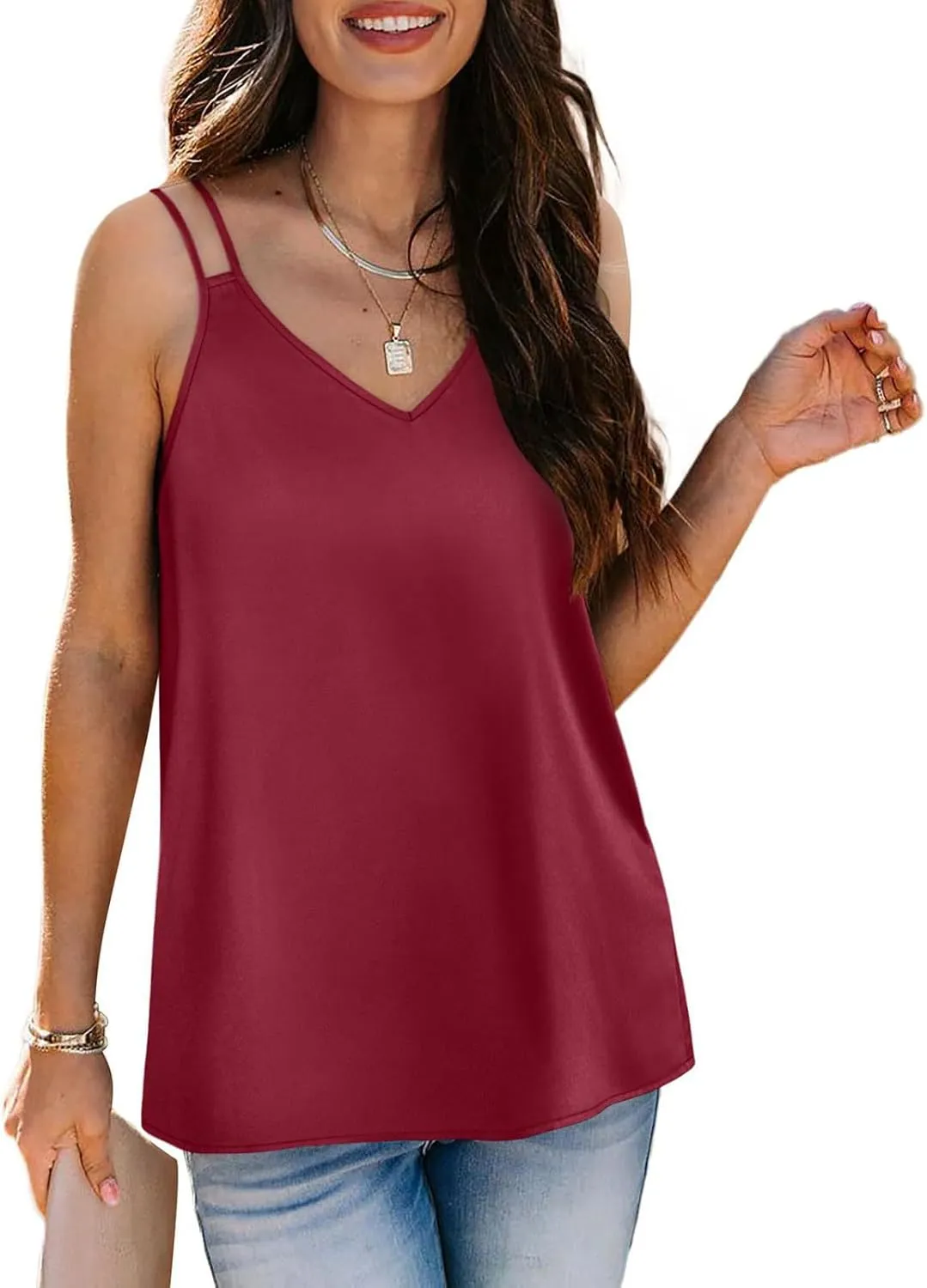 Womens Silk Tank Top Dressy Camisole Spaghetti Strap Soft Satin Blouses Basic V Neck Loose Fit Silky Work Tops S-XXL