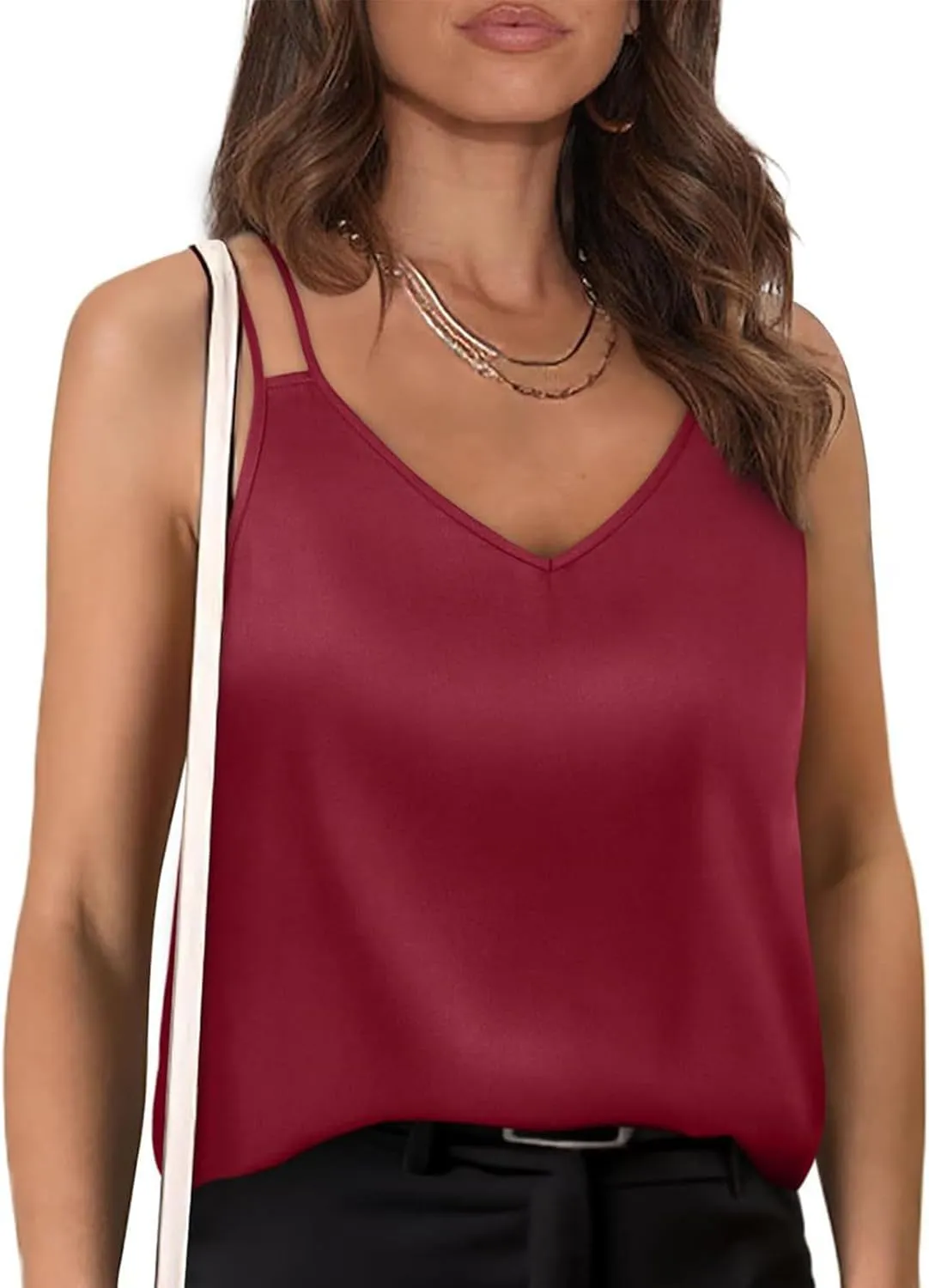 Womens Silk Tank Top Dressy Camisole Spaghetti Strap Soft Satin Blouses Basic V Neck Loose Fit Silky Work Tops S-XXL