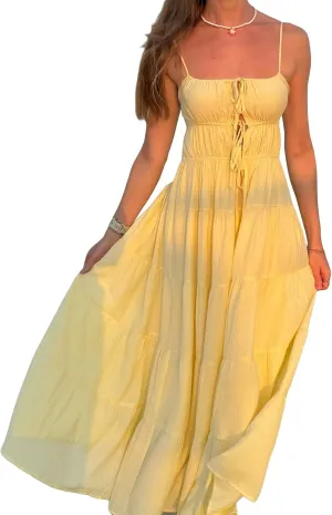 Womens Spaghetti Strap Flowy Maxi Dress Summer Sleeveless Tie Front Ruffled A-Line Backless Beach Sundress