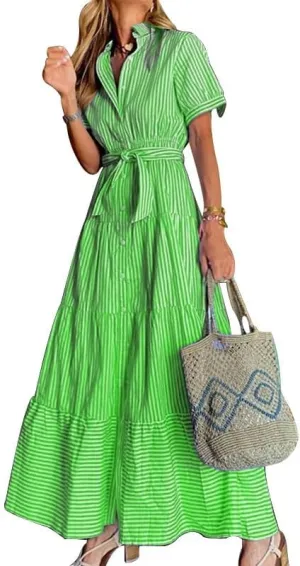 Womens Striped Maxi A Line Shirt Dress Tie Waist Swing Sleeveless Trendy Boho V Neck Sun Dress Button Down