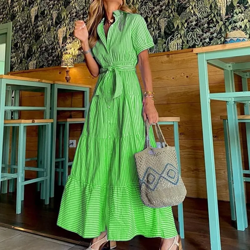 Womens Striped Maxi A Line Shirt Dress Tie Waist Swing Sleeveless Trendy Boho V Neck Sun Dress Button Down