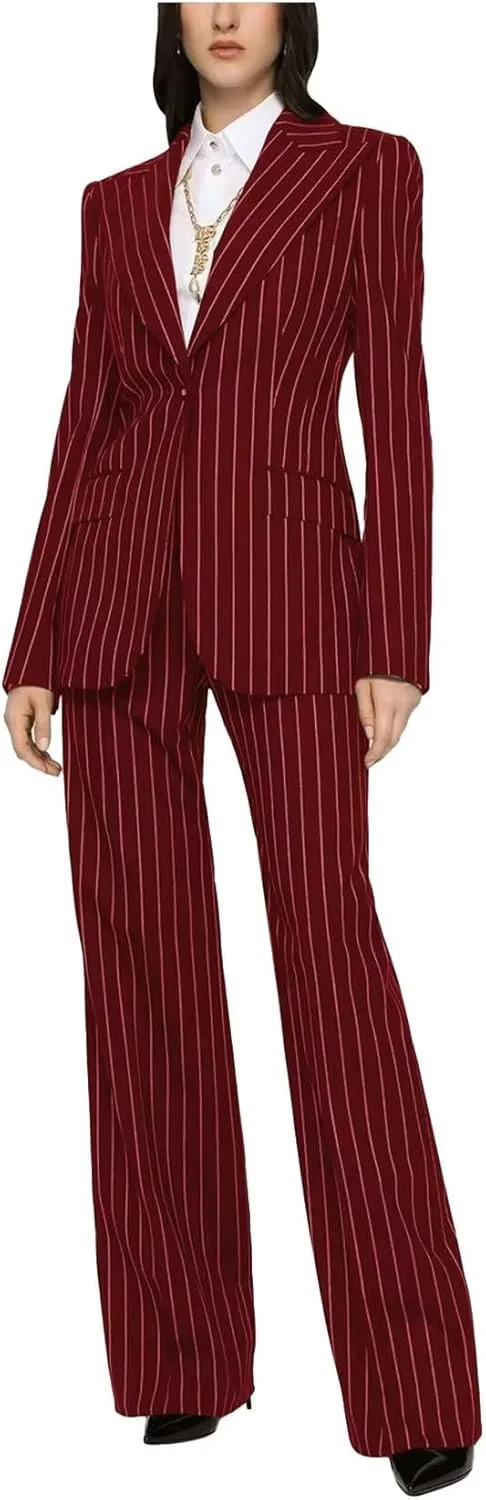 Women's Stripes 2 Piece Suits Office Lady Business Outfits Slim Fit Blazer Jacket Pant