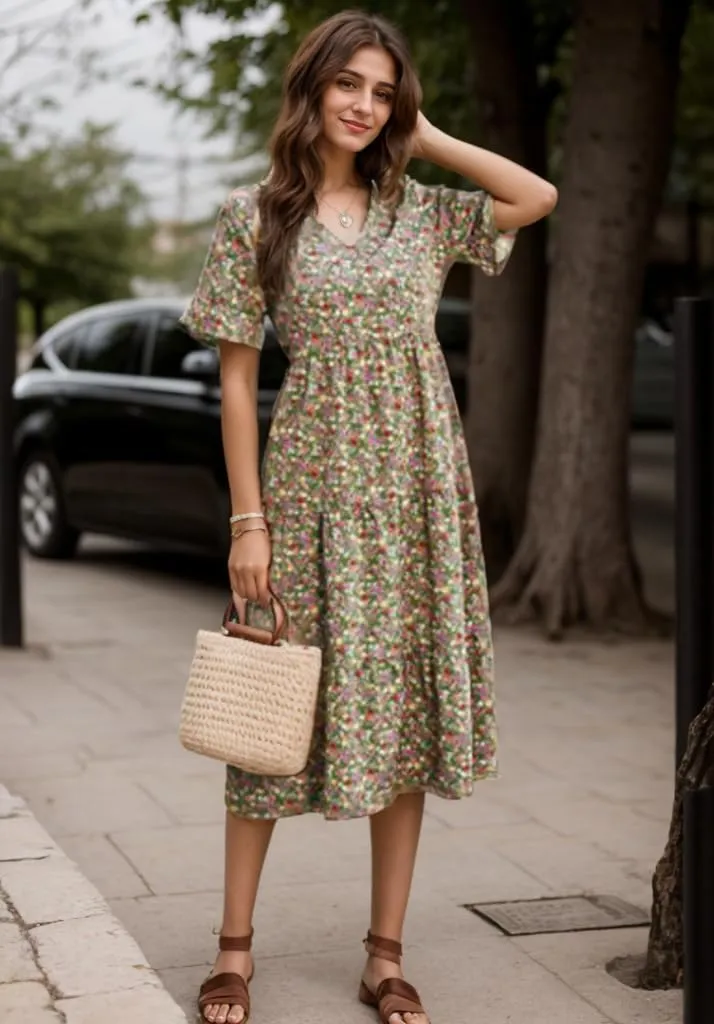Women's Summer Boho Floral Print V-Neck Ruffled Short Sleeve Dress Casual High Waist A-line Loose Flowy Beach Sundress
