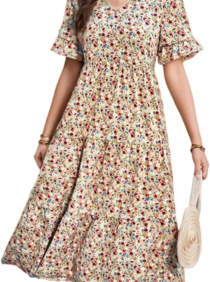 Women's Summer Boho Floral Print V-Neck Ruffled Short Sleeve Dress Casual High Waist A-line Loose Flowy Beach Sundress
