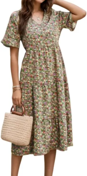 Women's Summer Boho Floral Print V-Neck Ruffled Short Sleeve Dress Casual High Waist A-line Loose Flowy Beach Sundress